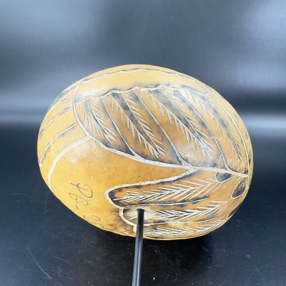Peruvian Hand Carved Gourd On Wood Stand Leoncio Veli Peru Hand Made Sculpture - Picture 12 of 16
